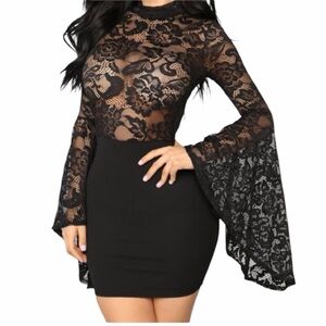 Fashion Nova Fame Monster black lace long flare sleeve mini dress Juniors L NWT